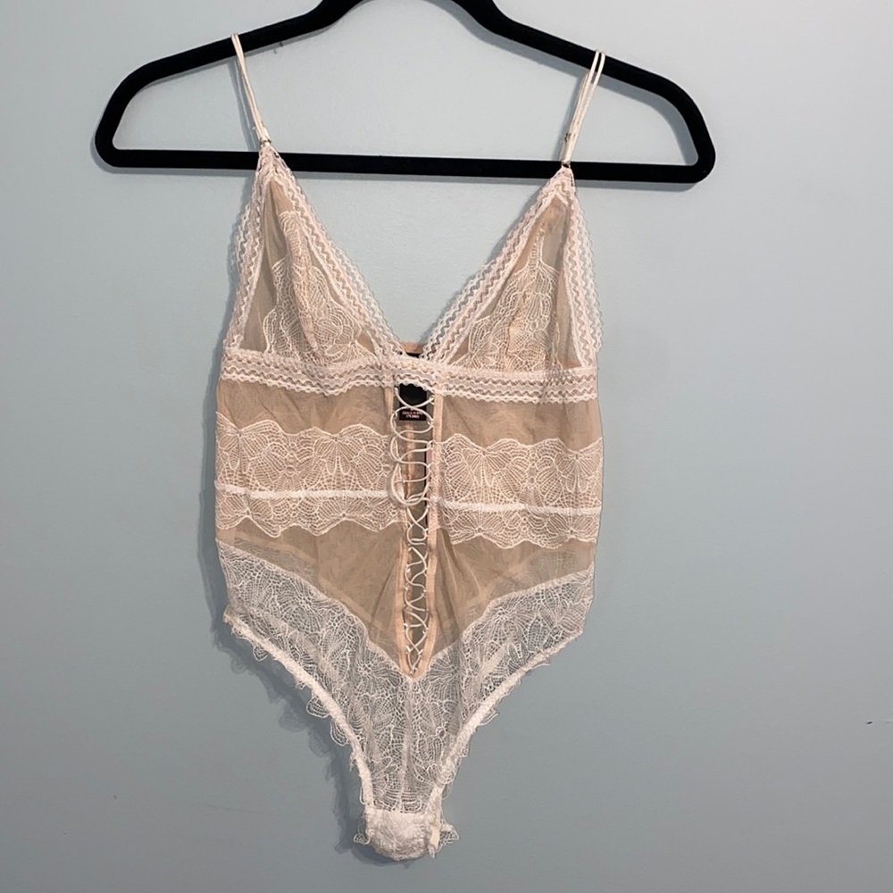victoria secret cream and white lace up bodysuit